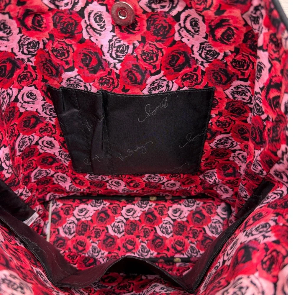 Vera Bradley Quilted Cotton Tote Bag Black Polka Dot Red Floral Interior Large
